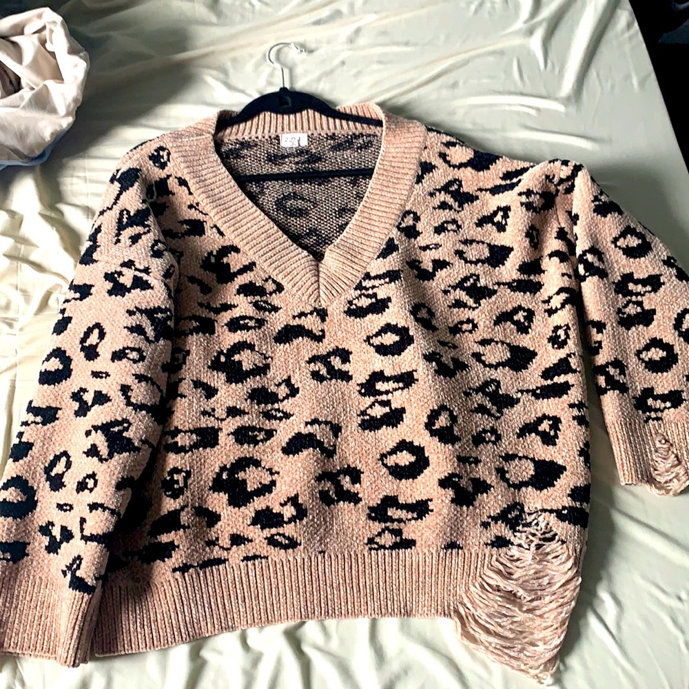 Leopard print fringe sweater